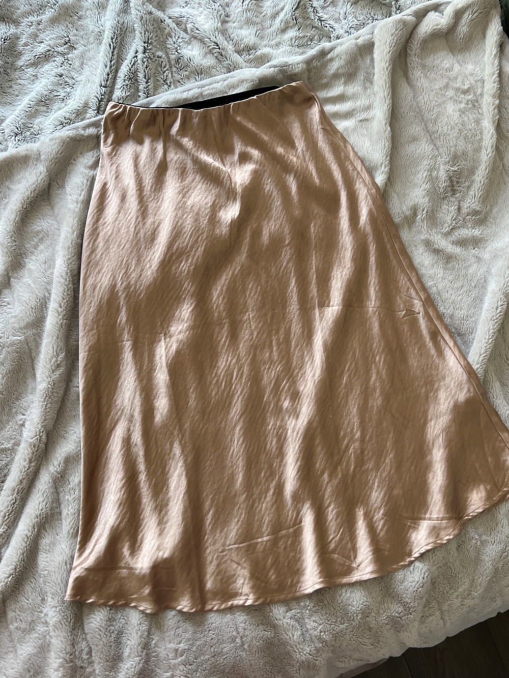 OAK + FORT Satin Slip Midi Skirt in Beige